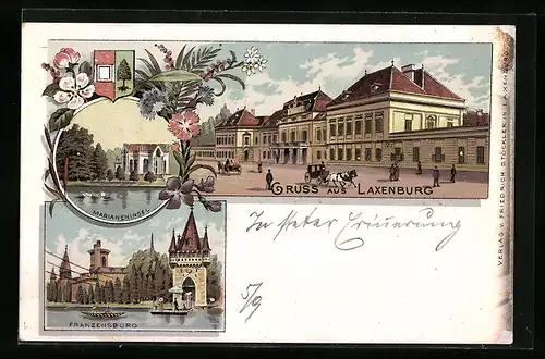 Lithographie Laxenburg, Franzensburg mit Gondel, Marianeninsel mit Schwän, Wappen