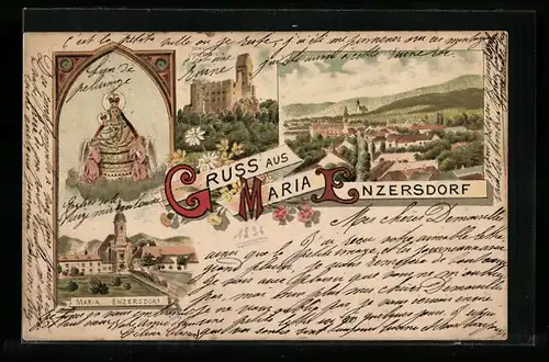 Lithographie Maria Enzersdorf, Wallfahrtskirche, Schloss Lichtenstein, Teilansicht