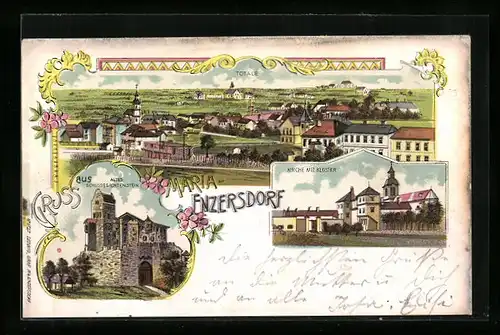 Lithographie Maria-Enzersdorf, Totalansicht, Altes Schloss Liechtenstein, Kirche mit Kloster