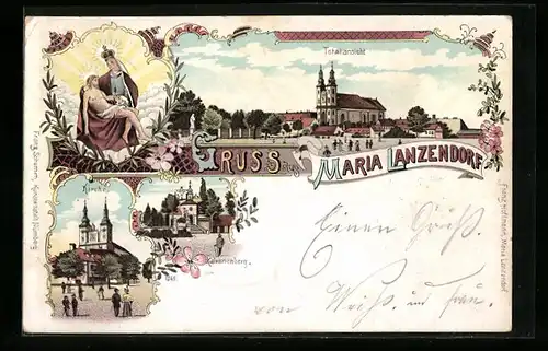 Lithographie Maria Lanzendorf, Kirche, Kalvarienberg, Totalansicht