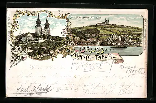Lithographie Marbach /Donau, Maria Taferl, Ortsansicht mit Donau