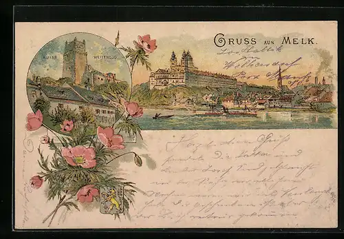 Lithographie Melk, Ruine Weitenegg, Ortsansicht mit Dampfer, Wappen, Mohnblumen