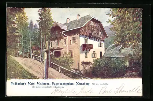AK Payerbachgraben, Kreuzberg, Feldbachers Hotel Hellbronn mit Strasse und Nebengebäude