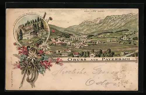 Lithographie Payerbach, Schneeberghotel zum Baumgartner, Ortsansicht gegen Rax-Alpe