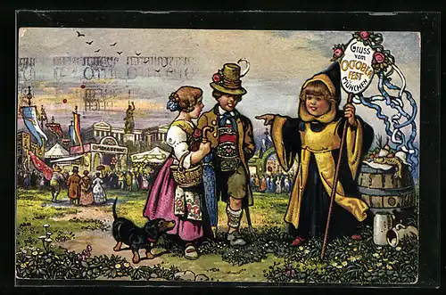 Künstler-AK Münchner Kindl weisst den zum Oktoberfest, Dackel