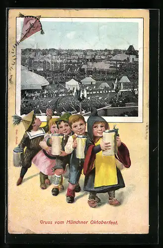 AK Münchner Oktoberfest, Kinder mit dem Münchner Kindl, Ansicht des Festplatzes