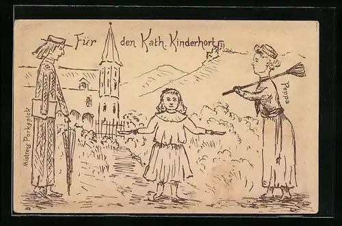 Künstler-AK Peppa, Mistress Porkepick und ein armes Kind, Kath. Kinderhort