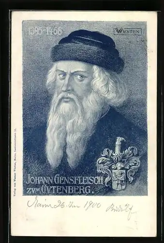 Lithographie Portrait Johann Gensfleisch zum Gutenberg