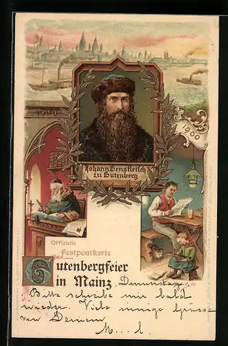 Lithographie Mainz, Porträt Johann Gutenbergs, Gutenbergfeier 1900