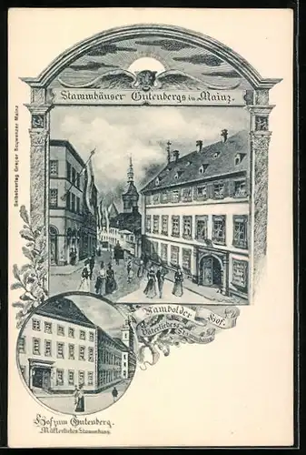 Lithographie Mainz, Stammhäuser Gutenbergs, Hof zum Gutenberg, Buchdruck