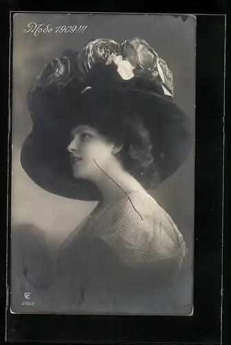 AK Mode 1909, Damenporträt mit Hut