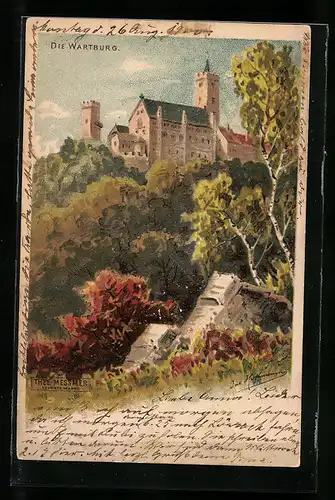 Lithographie Eisenach, Wartburg von unten gesehen, Reklame Thee-Messmer