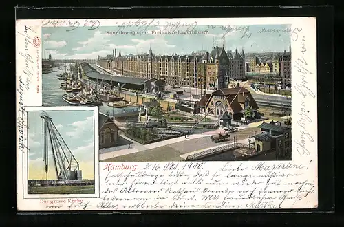 AK Hamburg, der grosse Krahn, Sandtorquai und Freihafen-Lagerhäuser