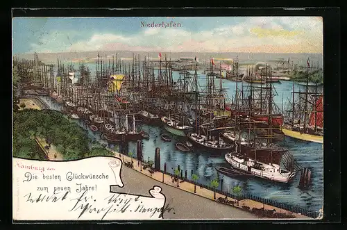 Lithographie Hamburg, Niederhafen voller Segelschiffe