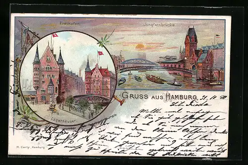 Lithographie Hamburg, Freihafen mit Jungfernbrücke, Lagerhäuser