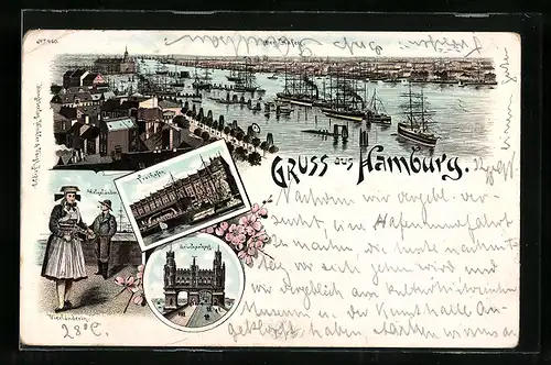Lithographie Hamburg, Freihafen, Brückenkopf