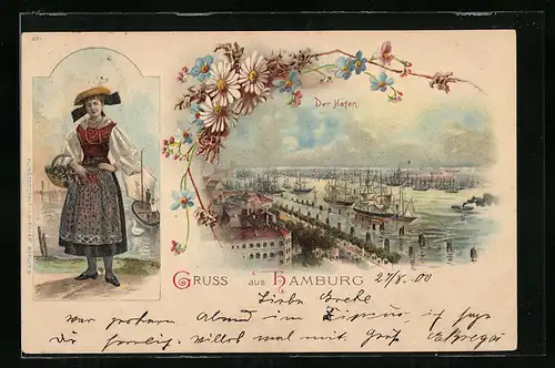 Lithographie Hamburg-Harburg, Der Hafen mit Vierländerin in Tracht