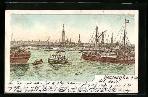 Lithographie Hamburg, Hafenpartie mit Schiffen