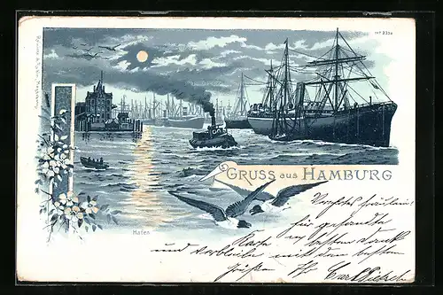 Lithographie Hamburg, Hafen mit Segelschiffen