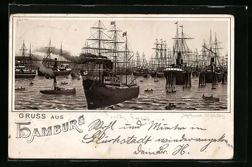Vorläufer-Lithographie Hamburg, 1894, Schiffe im Hafen