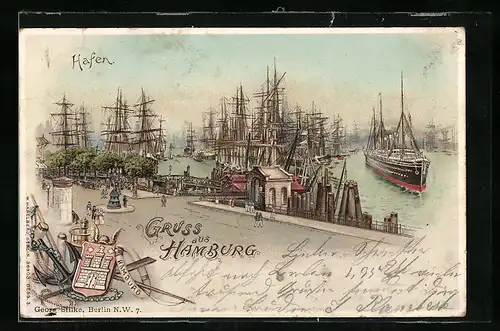 Lithographie Hamburg, Der Hafen mit Schiffen, Perlen