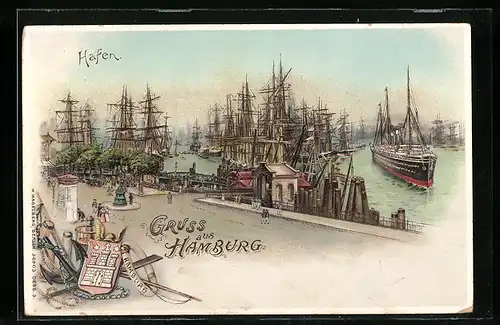 Lithographie Hamburg, Der Hafen mit Schiffen, Perlen