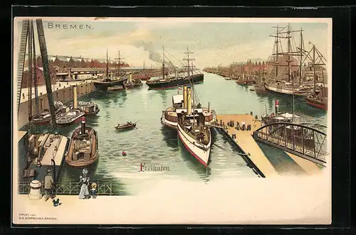 Lithographie Bremen, Freihafen, Blick auf den Hafen mit Passanten