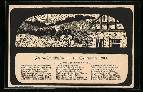 Lithographie Ferien-Zweckessen am 10. Sept. 1903, studentische Szene