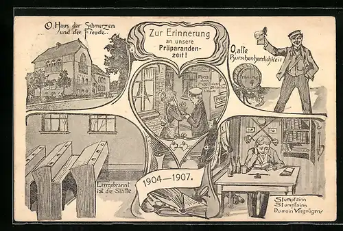 Künstler-AK Erinnerung an unsere Präparandenzeit!, O, Haus der Schmerzen und der Freude, studentische Szene