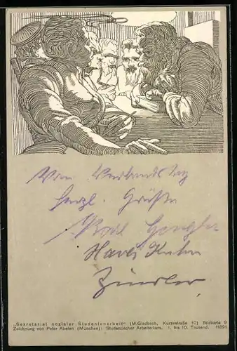 Künstler-AK Studenten klüngeln, studentische Szene
