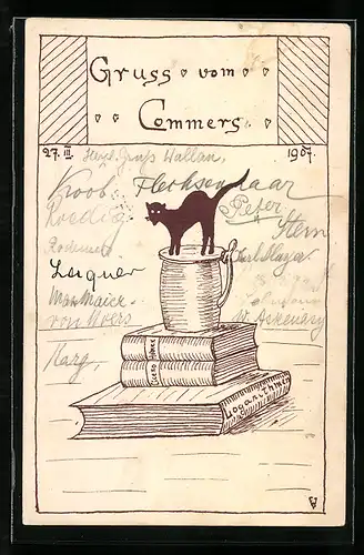 Lithographie Gruss vom Commers 27. III. 1907, Katze auf Humpen