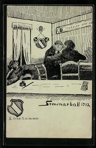 Künstler-AK Seminarball 1912, X. Arbeitszimmer, studentische Szene