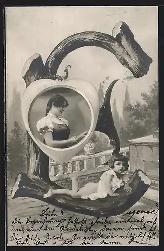 AK Buchstabe C aus Baumstamm, mit kleinem Mädchen, Junge Dame im Dirndl