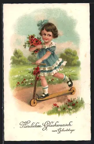 AK Kleine Gratulantin fährt auf einem Roller durch eine Sommerlandschaft, Geburtstagsgruss