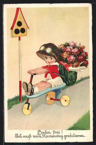 Künstler-AK Bahn frei! Gruss zum Namenstag, Kind auf dem Dreirad mit Blumen, Spielzeug