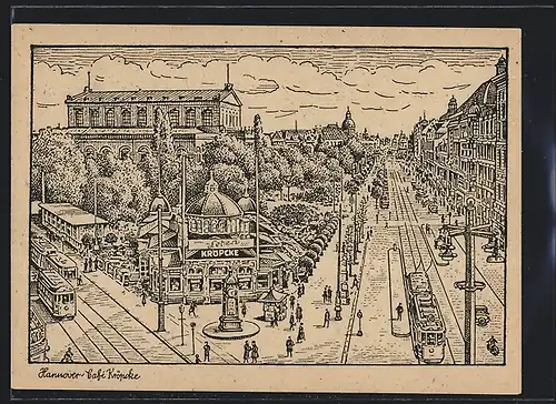 AK Hannover, Strassenbahnen am Cafe Kröpcke