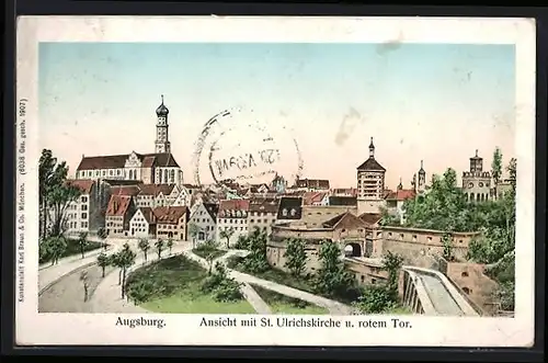 AK Augsburg, Ansicht mit St. Ulrichskirche u. rotem Tor, mit leuchtenden Fenstern