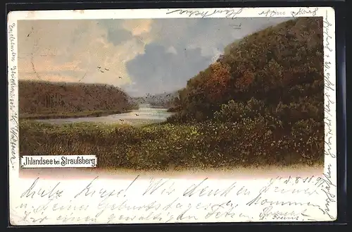 Lithographie Straussberg, idyllischer Jhlandsee umgeben von Wald