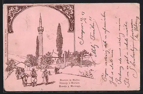 Lithographie Mostar, Moschee, Dzamija u Mostaru
