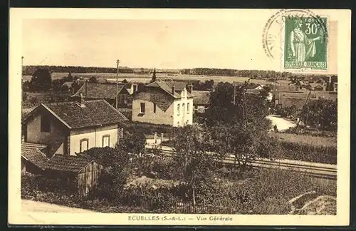 AK Ecuelles, Vue Générale, Häuser an der Bahnstrecke