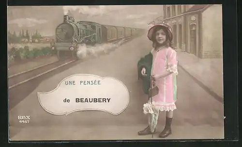 AK Beaubery, Mädchen am Bahnhof, Einfahrender Zug