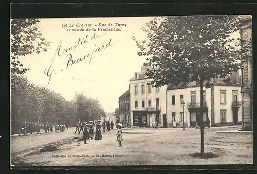 AK Le Creusot, Rue de Torcy et entrée de la Promenade