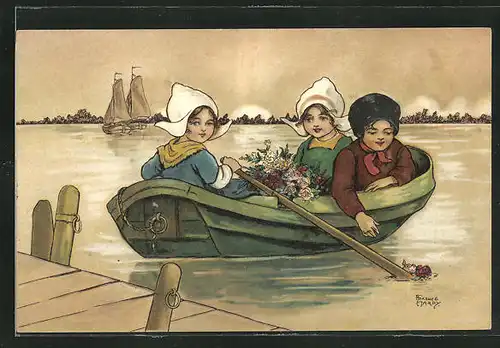 Künstler-AK Florence Hardy: Drei holländische Kinder im Ruderboot