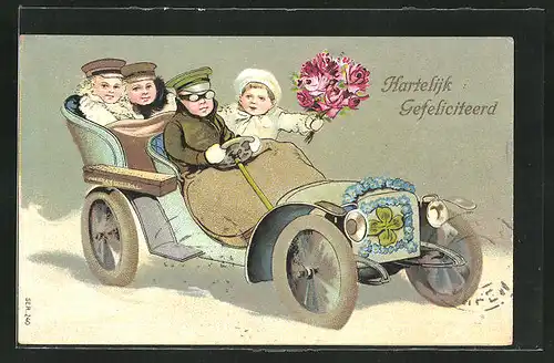 Präge-AK Kinder mit Blumen im Auto, Glückwunsch
