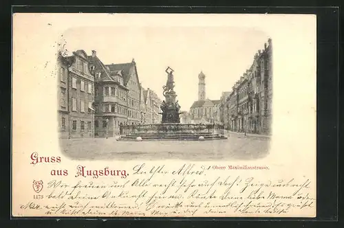 AK Augsburg, Obere Maximilianstrasse mit Denkmal & Kirche