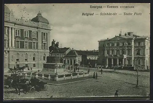 AK Belgrad, Teater Platz, Denkmal, Pferdekutschen
