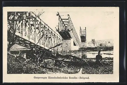 AK Belgrad, Ruine der Eisenbahnbrücke Semlin-Belgrad