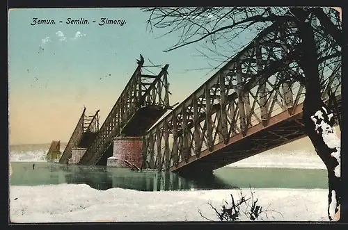 AK Semlin, Zerstörte Eisenbahnbrücke im Winter