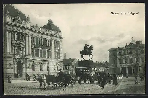 AK Belgrad, Denkmal und Pferdekutschen