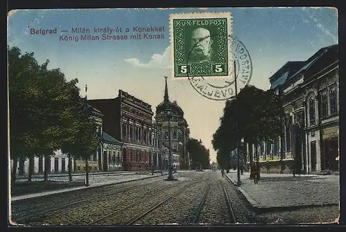 AK Belgrad, König Milan-Strasse mit Konak